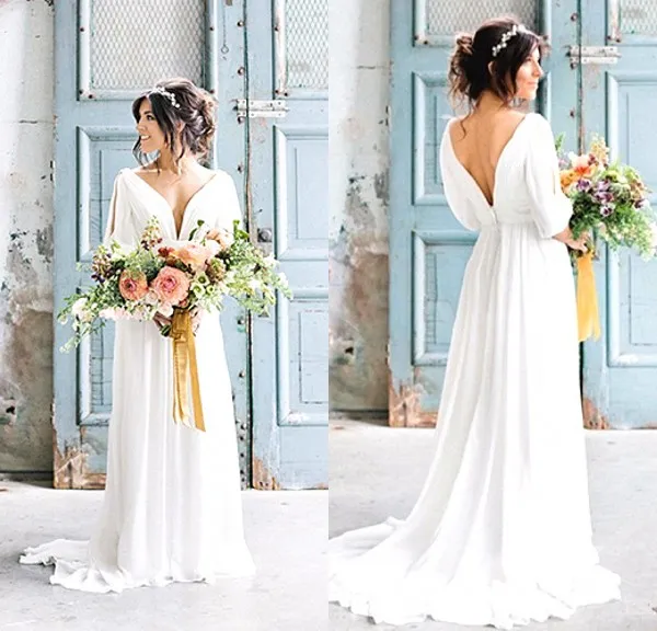 Sexy V nek Backless Grieks jurken Robe de mariage Boheemse strandbruid met mouwen Country Wedding Jurk