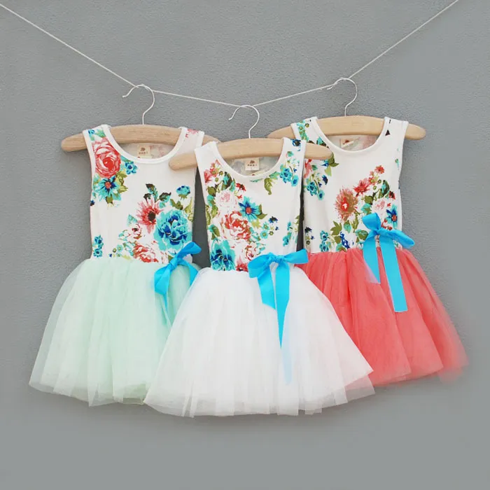 1-5 YRS Girls Floral Tutu Dresses, Summer Cotton Tulle Sukienka, Baby Kidded Party Odzież, 5BB406DS-93