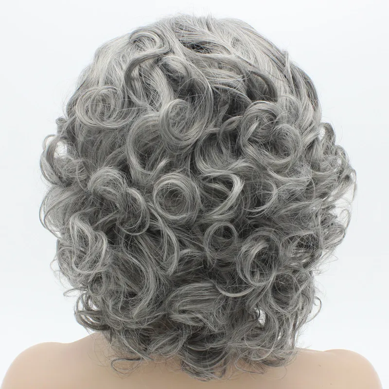 Iwona cheveux ondulés court 24 vieux gris perruque moitié main liée résistant à la chaleur synthétique dentelle avant perruque 2213738