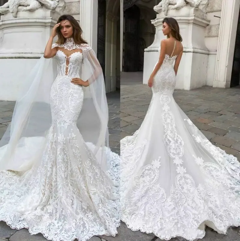 Elegant Mermaid Lace Wedding Dress With Cape, Sheer Plunging Neckline ...