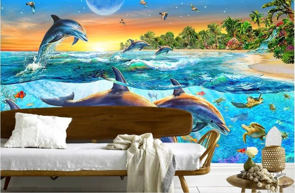 Väggbakgrund Wallpaper Diamond Custom Blue Ocean Swim Dolphin Coral Fish TV Bakgrund 3D Wallpaper Walls3903118