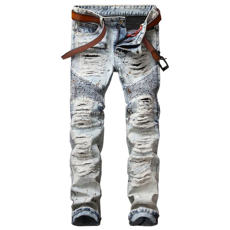 Wholesale- NEW Ink Biker Men Jeans Homme Hi Street Hole Slim Fit Distressed Ripped Denim Pants Male Stone Washed Punk Cotton Jeans