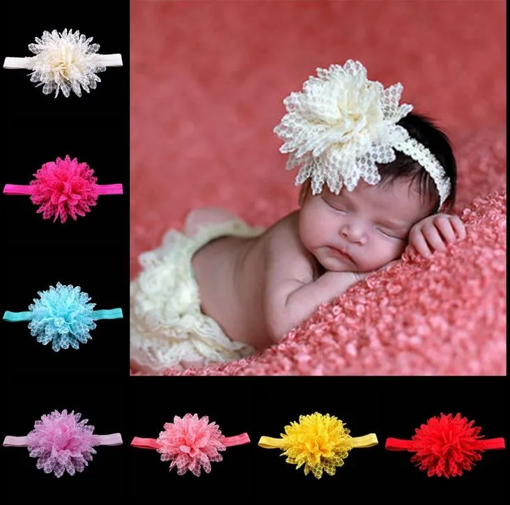 뜨거운 유럽 패션 14 색 아기 머리 밴드 레이스 꽃 유아 머리띠 키즈 탄성 모자 아이들 머리카락 액세서리