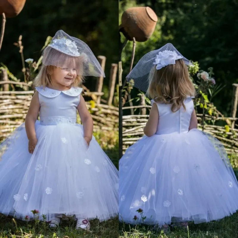 Cute Ball Gown Baby First Communion Dresses Sleeveless Tulle Long Flower Girl Dress For Wedding With Flora Appliques Custom Made Gowns