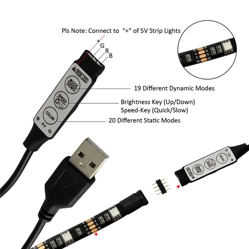 TV 배경 LED 스트립 조명 30LEDs / m DC5V의 USB SMD5050 RGB 미니 및 17Key RF 컨트롤러 50cm / 1m / 2m 집합