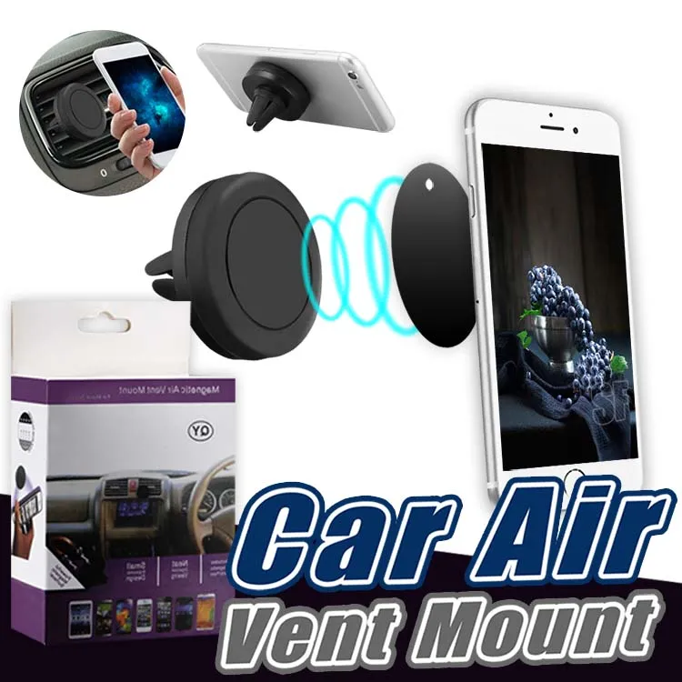 Universal Car Mount Magnetic Air Vent Car Holder for Telefoner 360 graders rotationsstativ för smartphones GPS Auto -tillbehör i platt paket