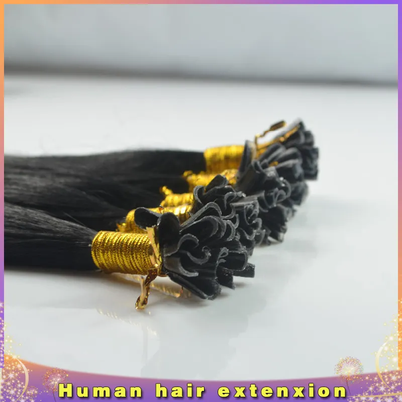Brasilianska Virgin Hair Straight U Tips Hair Extension # 1 Jet Black 100g 100s Keratin Stick Tips Mänskligt hår