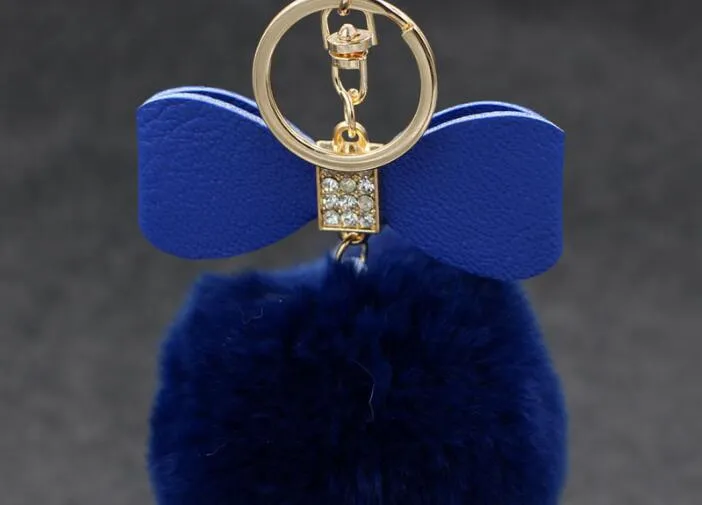 Bowknot Fur Pom -keychain Real Rex Rabbit Fur Ball Ball Chains Fur Key Ring Bead Chain for Bag 286e