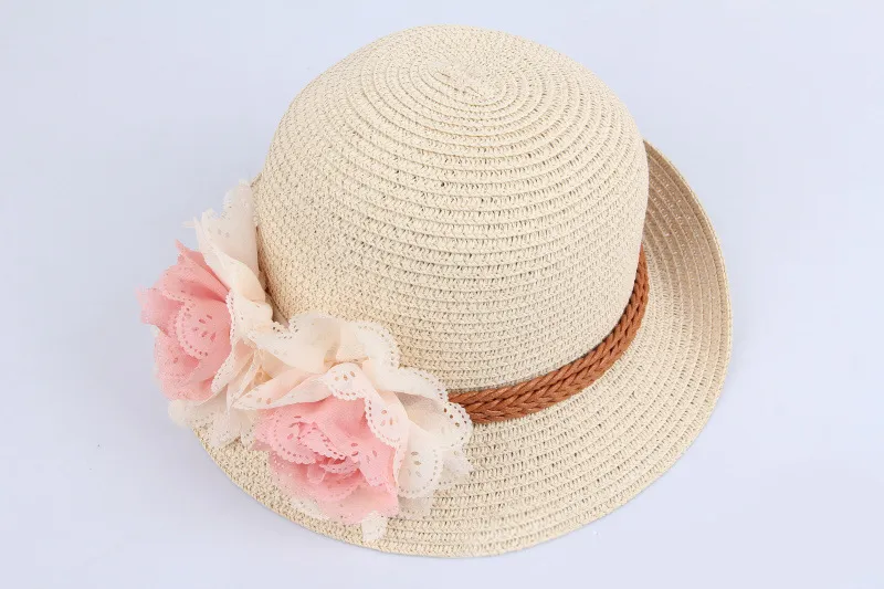 Bébé fleur casquettes enfants paille Fedora chapeaux filles chapeau de soleil enfants été Jazz casquette deux fleurs chapeau de soleil enfants chapeaux de plage