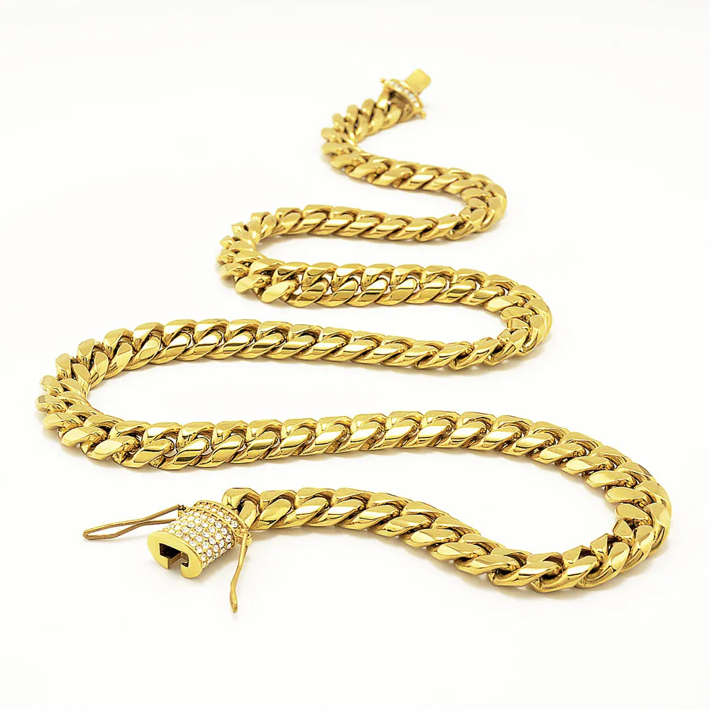 Aço inoxidável 18K ouro maciço galvanizado fecho de fundição diamante CUBAN LINK colar pulseira para homens freio correntes jóias 8 5quo284B