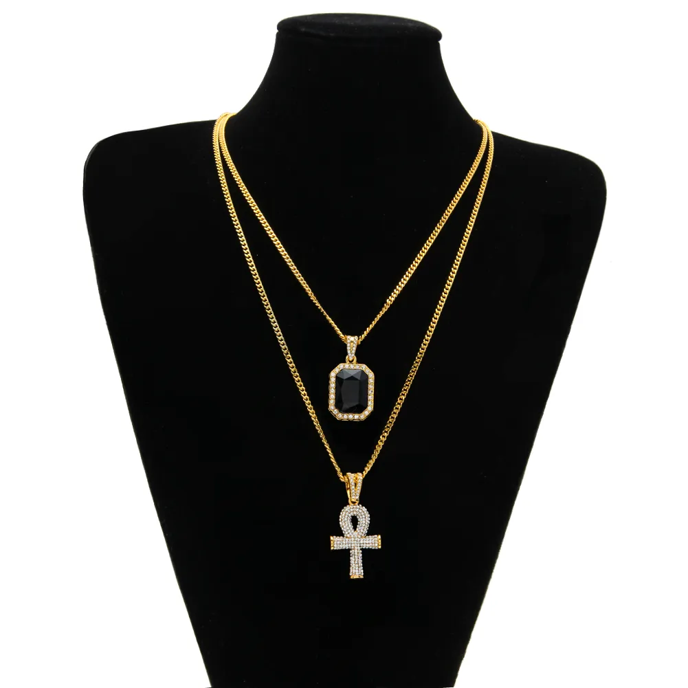 Egyptisk Ankh Key of Life Bling Rhinestone Cross Pendant med Red Ruby Pendant Halsband Set Män Hip Hop Smycken