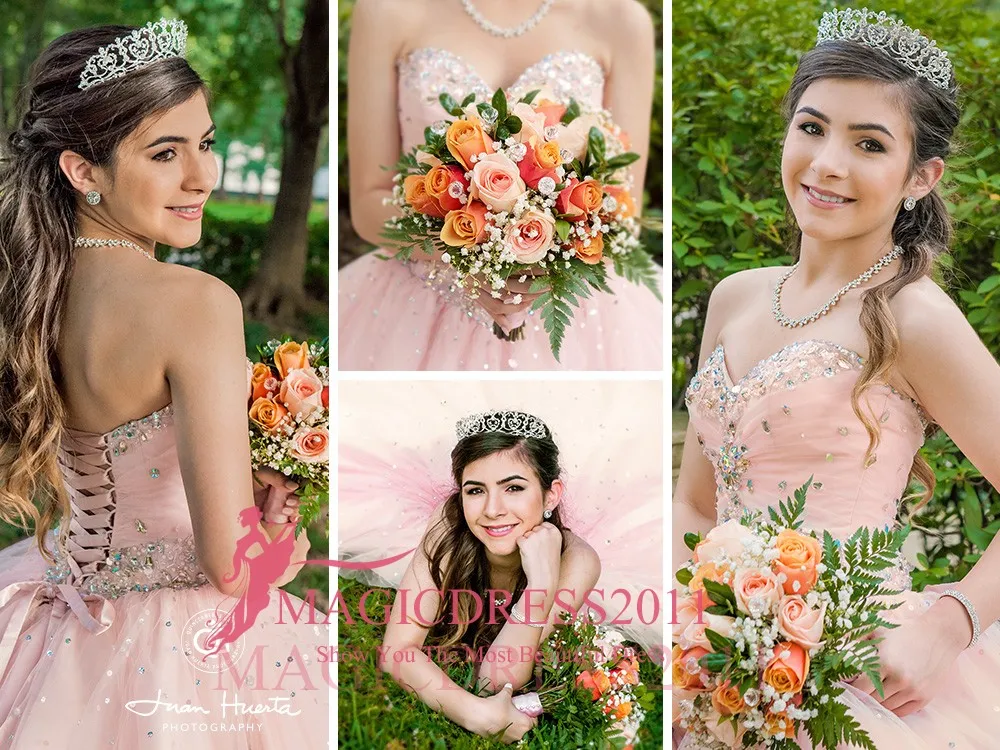 2019 Princess Pink Quinceanera Suknie z koralikami Crystal Puffy Spódnica Suknie Balowe Słodkie 16 Suknie Corset Sweetheart Sukienka Formalna od 16 lat