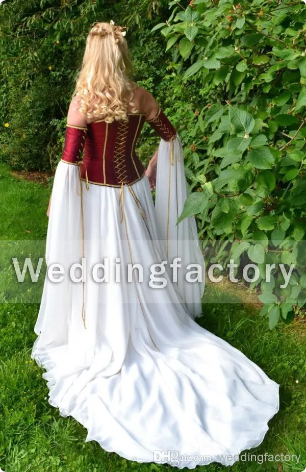 Abiti da sposa medievali Borgogna Rosso scuro e bianco Una linea senza spalline Corsetto Bustier in chiffon Abiti da sposa vintage Abiti da cerimonia vintage lunghi