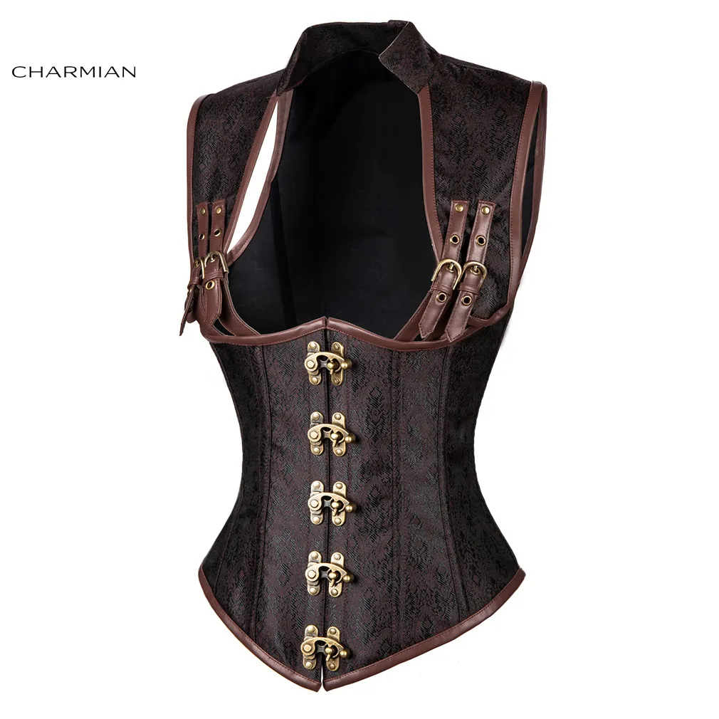 Womens Gothic Steampunk Corset Vest, Brown Steel Boned Vintage