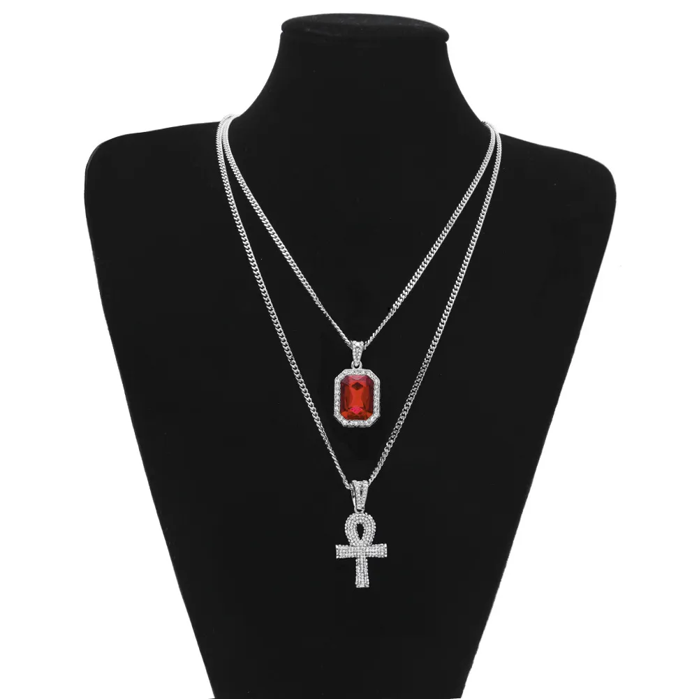 Hip Hop Jóias Egípcio Grande Ankh Chaveiro Colares Conjuntos Mini Quadrado Ruby Sapphire com Cruz Charm Link cubano para Mens Moda