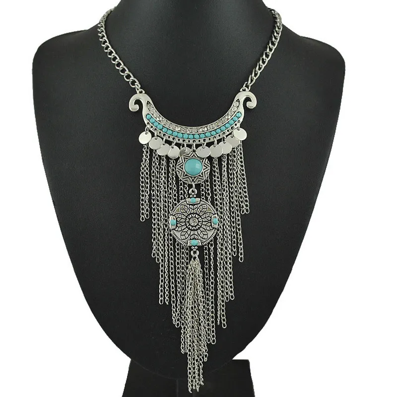 Partihandel-Bohemian Long Tassel Halsband Kvinnor Boho Gypsy Coin Turkos uttalande Necklacpendants Fashion Turkish Smycken Collier Femme