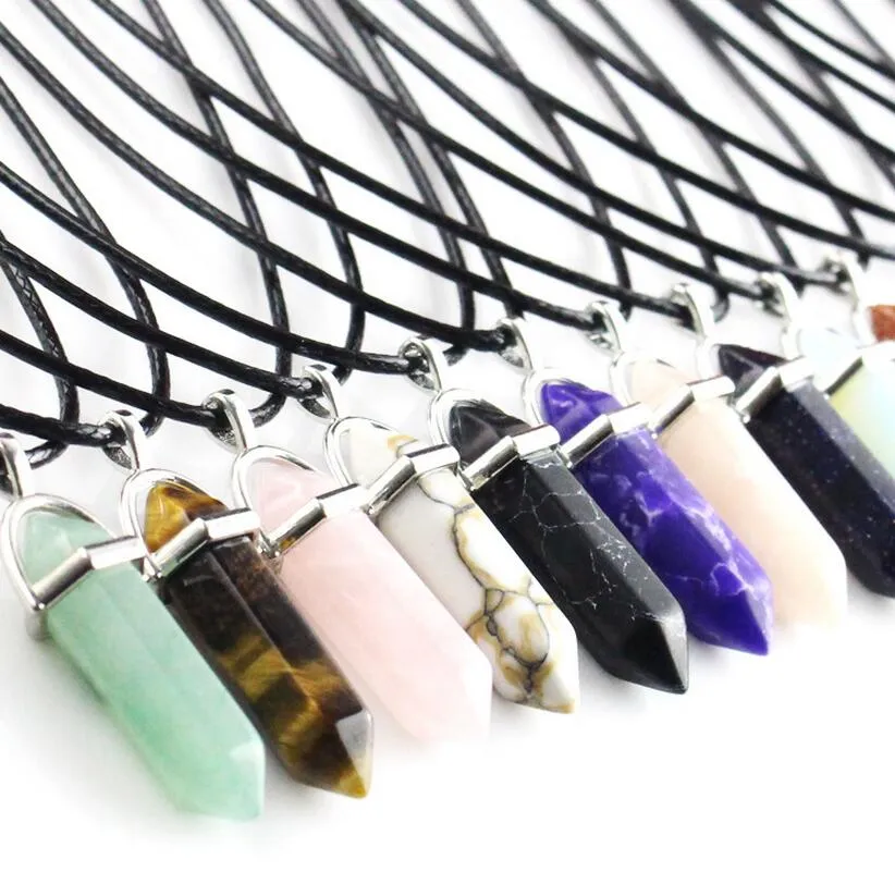 Ny Bullet Form Natural Stone Necklaces Pendants Hexagonal Prism Quartz Turkos Kristall Gems Halsband Smycken För Kvinnor Män