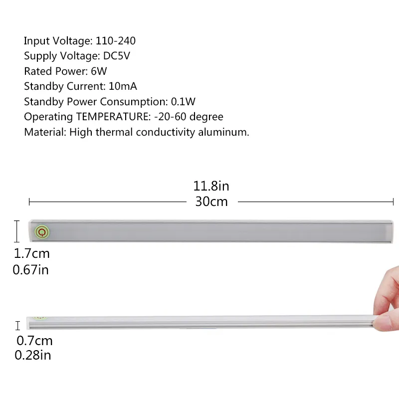 30cm 6W LEDタッチセンサーライト21 LEDライトクローゼットワードローブキャンプ緊急キャビネットUSB充電超薄い夜ライトホワイト/ウォームホワイト