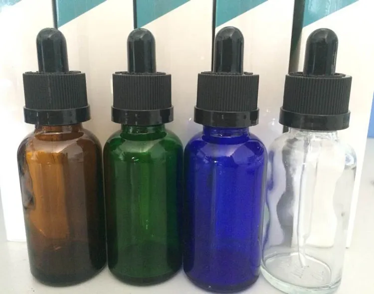 30 ml bernsteinfarbene, blau-grüne, klare Glas-Tropfflaschen mit schwarzem, kindersicherem Verschluss, 1 Unze ätherisches Öl, E-Flüssigkeit, leere Glasflasche, kostenloser Drop-Versand