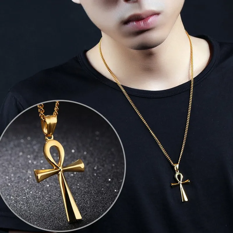 Joyería egipcia de acero inoxidable Ankh collar colgante cruzado Nuevo diseño Negro Plata chapado en oro Hombres Mujeres Regalos religiosos cristianos