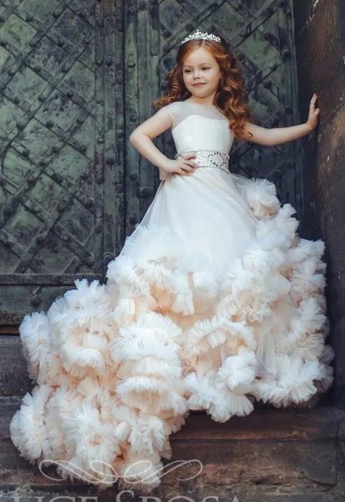 New Arrival Ruffled Flower Girl Dresses Special Occasion For Weddings Pleated Kids Pageant Gowns Ball Gown Tulle First Communion D280C