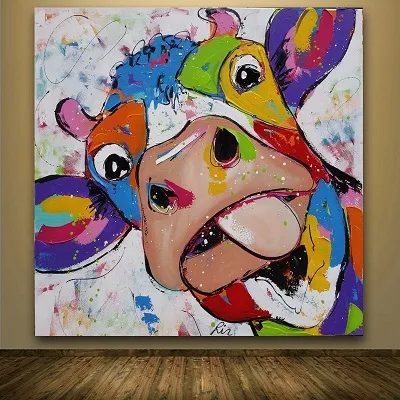 Mucca colorata incorniciata, dipinto a mano astratto moderno decorazione della parete animale del fumetto pop art pittura a olio tela spessa. Dimensioni multiple spedizione gratuita C051