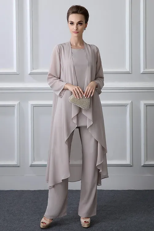 3-teiliger eleganter grauer Chiffon-Hosenanzug für die Brautmutter in Übergröße mit langem Bund für den Herbst