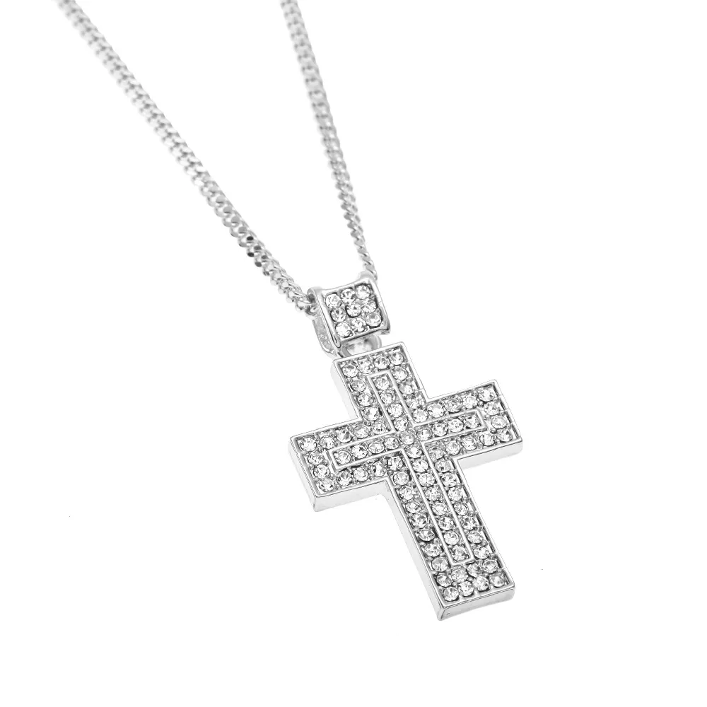 Bijoux Hip Hop pour hommes, plaqué or 18 carats, argent, pendentif croix scintillante, collier pour hommes, cadeau, Christian196E