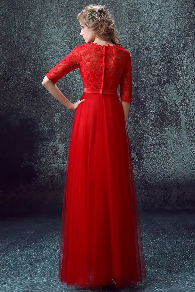 Vermelho longo modesto vestidos de dama de honra com meia mangas lace tulle chão comprimento formal casamento vestidos de festa de templo barato vestido de empregada