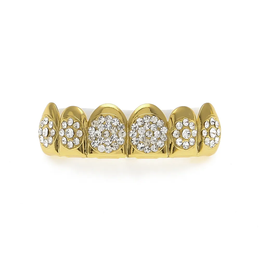 New Custom Fit Gold Plated 4 Lows Iced out Hip Hop Teeth Grillz Top Grill pour Halloween Christmas Party Gift