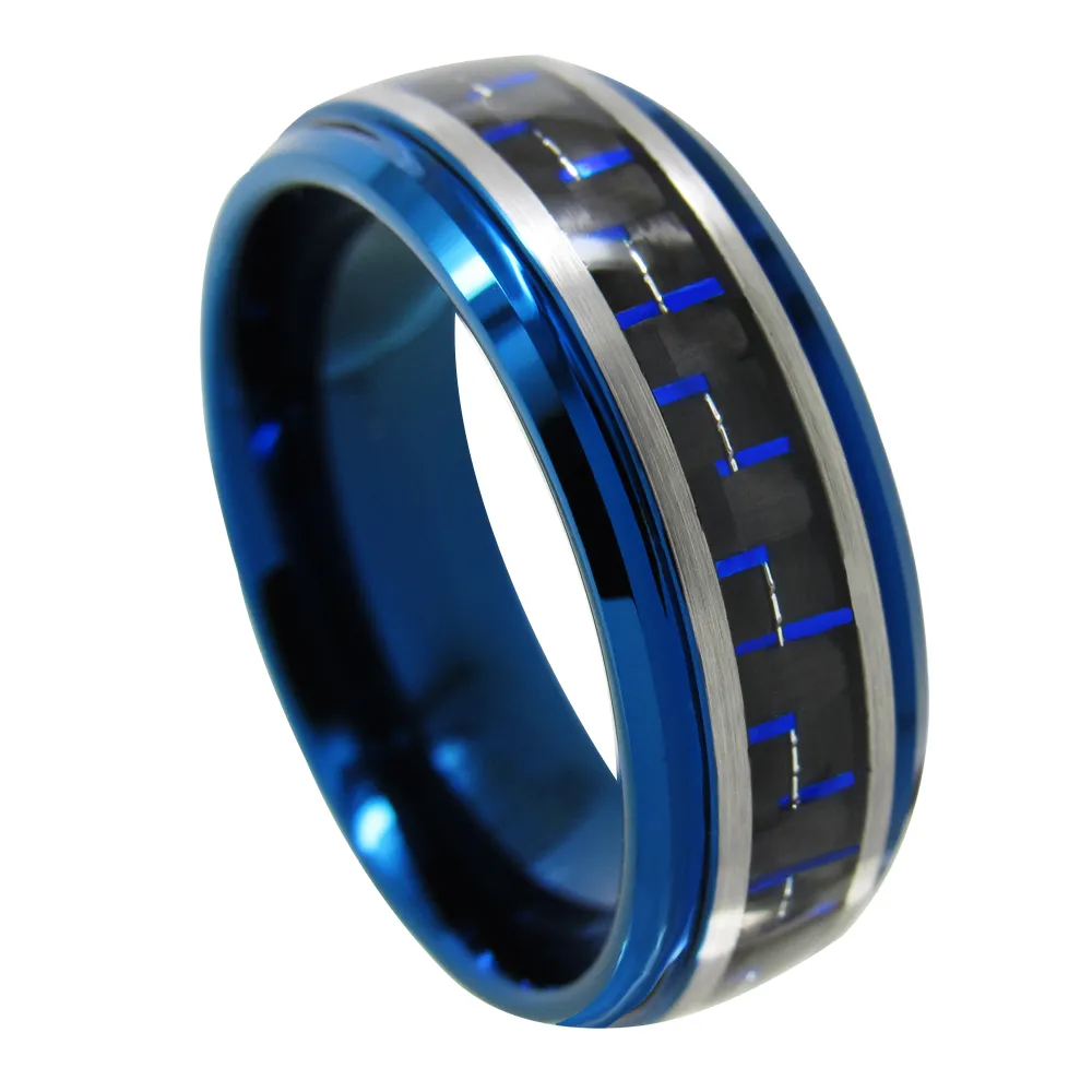 Anillo de tungsteno azul con incrustaciones de fibra de carbono azul y negro de 8 mm cepillado para hombre Anillo de dedo de moda WRY-1316