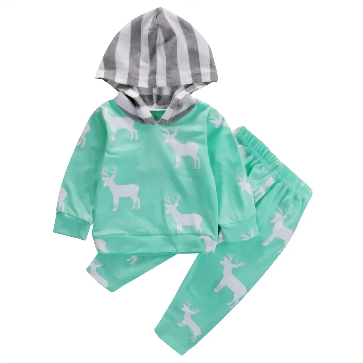 Fall Höst Nyfödda Baby Boy Girls Kläder Söt Jul Toppar Hjort Hooded + Striped Long Trousers Outfit Kids Clothing Set