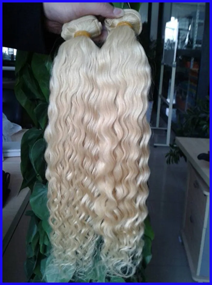 # 613 lixívia loira cabelo humano cabelo brasileiro 2 pçs / lote kinky encaracolado virgem brasileira onda pêlos tece, desenhado duplo, sem derramamento, ta