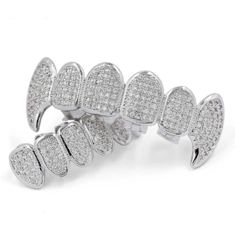 НОВЫЙ блестящий гриль в стиле хип-хоп Iced Out CZ Fang Mouth Teeth Grillz Caps Top Bottom Grill Set Мужчины Женщины Vampire Grills305H