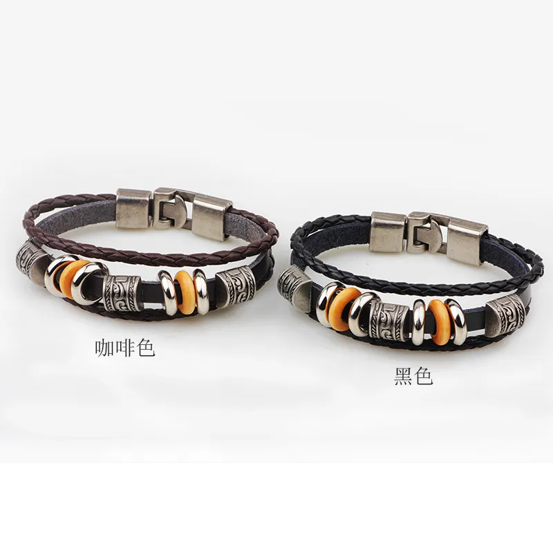 Mulheres Meninas Pulseira Masculina Do Punk Contas De Couro Encantos Pulseira Hip-hop Multilayer Trançado Envoltório Pulseira de Tecido Pulseira Para Homens Jóias Casuais