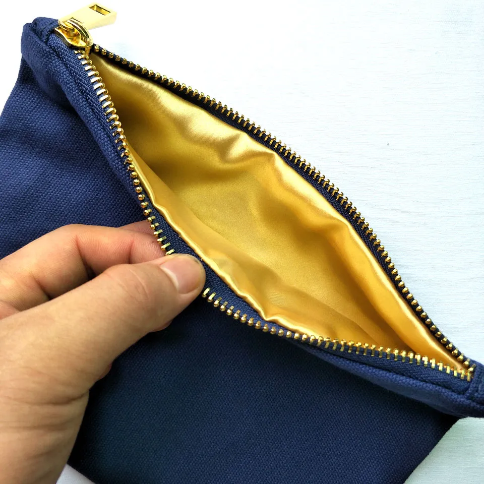 6x9in Blank 12oz Navy Cotton Canvas Makeup Bag med Gold Metal Zip Gold Foder Solid Navy Blue Canvas Cosmetic Bag Factory i Stoc295p