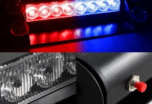Lampada stroboscopica di emergenza auto, furgone, camion, 8 LED, parabrezza interno, cruscotto rosso/blu