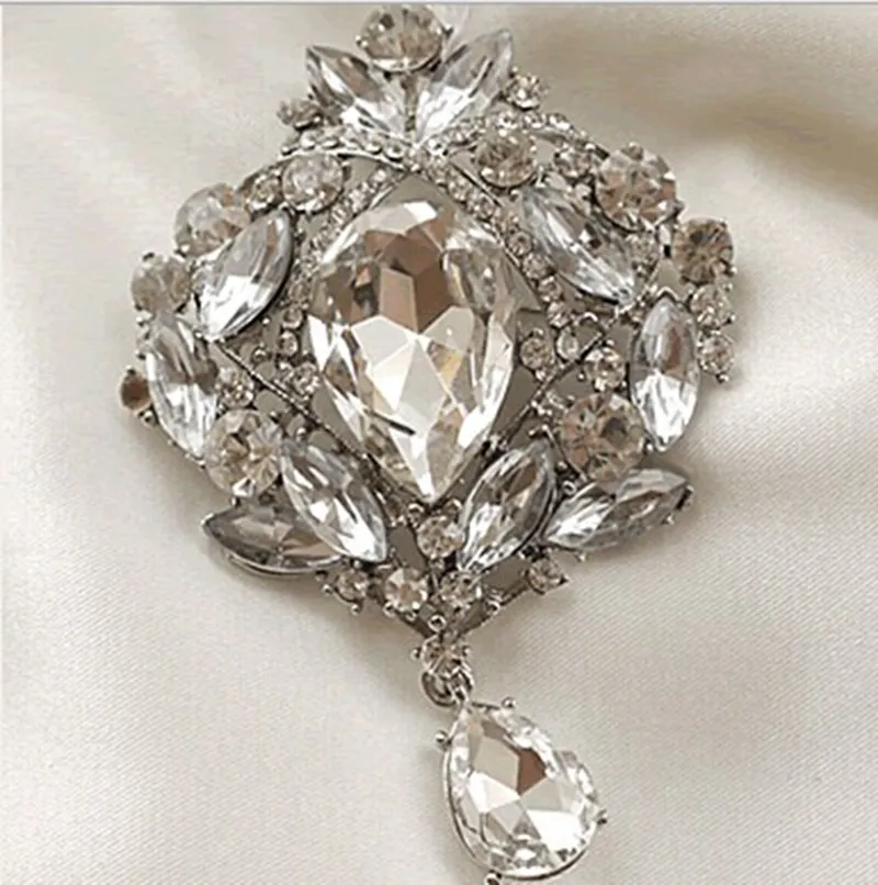 Silverpläterad Stor Klar Rhinstone Crystal Water Drop Sparkly Bridal Pin Brosch