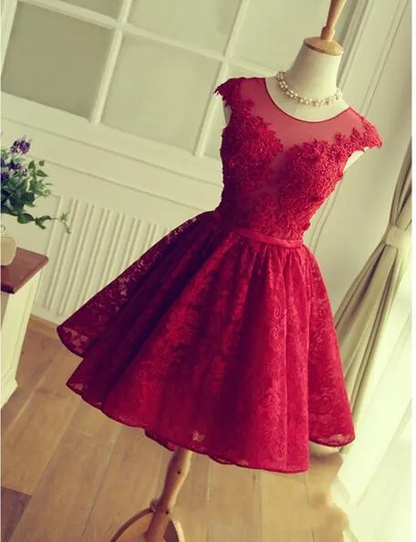 2019 Red Lace Homecoming Vestidos Curtos Mini Saia Sheer Neck Tule Appliques Graduação Prom Festa Vestidos de Fiesta Cortes