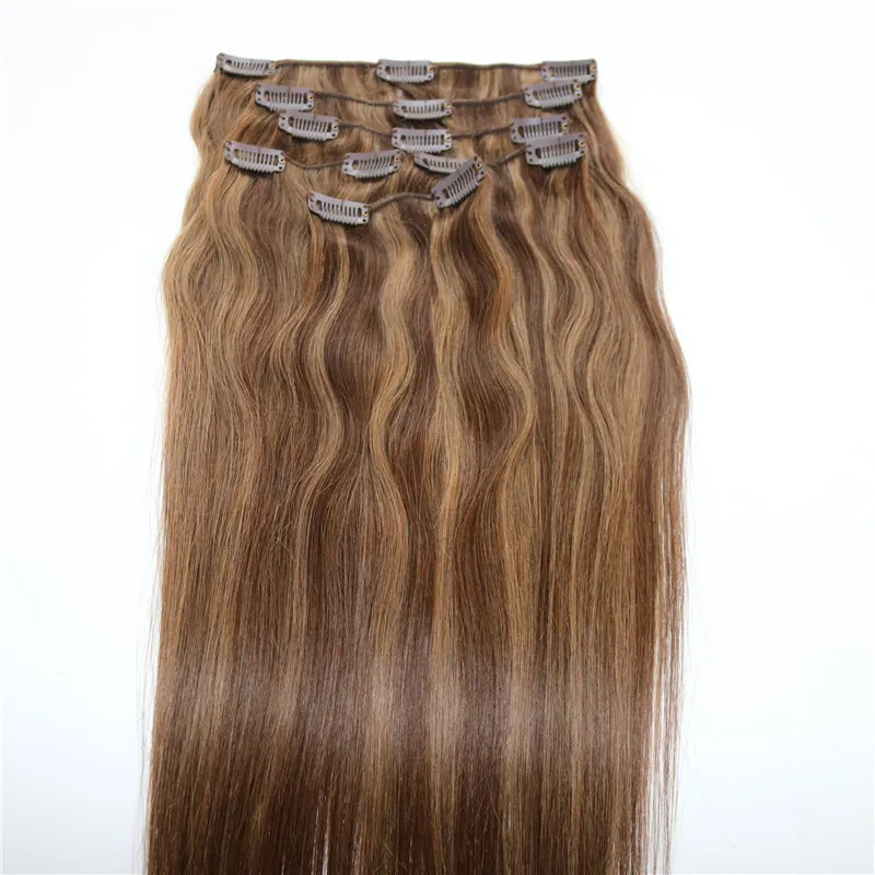 Human Hair Extensions Ombre Color Two Tone #4 Brown Piano #8 Clip In Human Hair Extensions Highlights