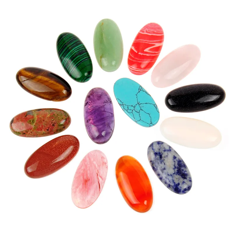 Natürliche gut poliert glatte Oberfläche Oval länglich echte Edelstein lose Perlen Rock Jade Mondstein Cabochon gemischt zufällige Farbe 15 * 30mm (kein Loch)