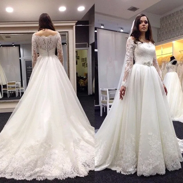 New Wedding Dresses for Sale 2019 Lace Sheer Crew Neck Custom Made Vintage Style Cheap Modest Women Bridal Ball Gowns with Sleeves