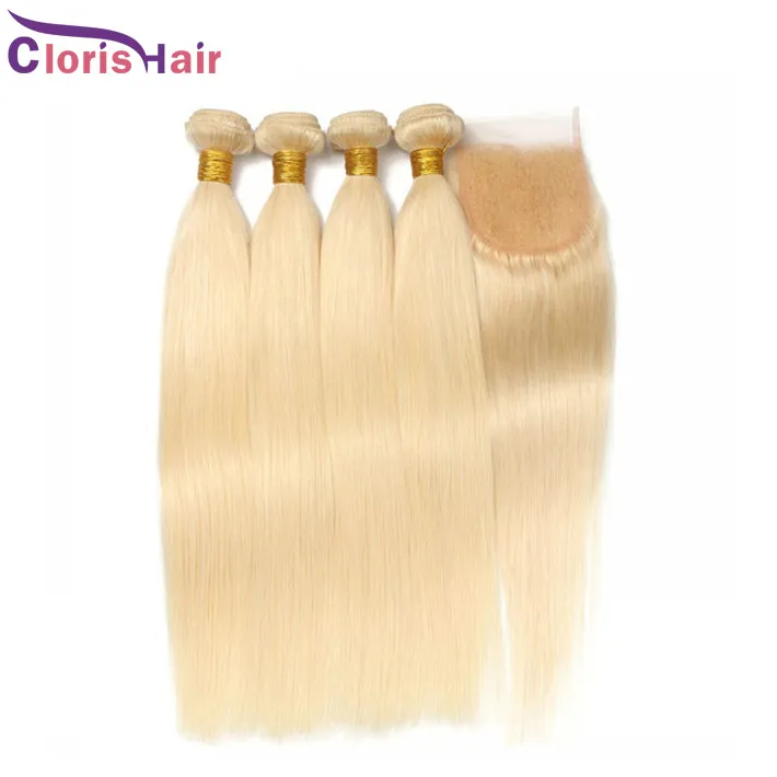 Best Straight Human Hair 3 Bundles With Lace Closure Virgin Malaysian Blonde 613 Closures And Hair Extensions Cheap Blonde Weaves Closure