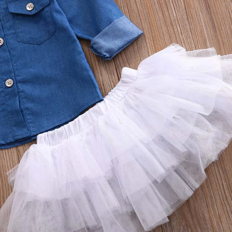 Baby Girl Denim Fashion Set Kläder Barn Långärmad T-shirts Top + Shorts Kjol + Bow Headband Outfits Kid Tracksuit