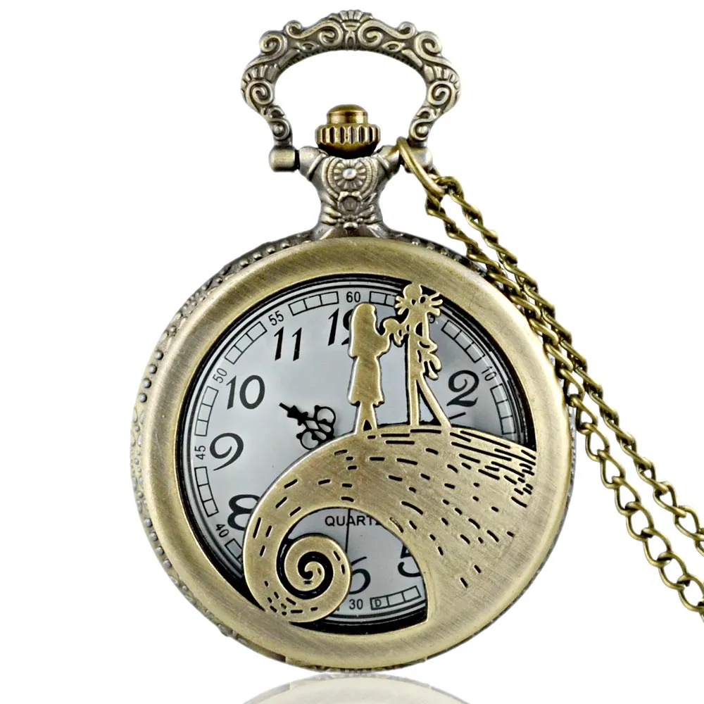 Wholesale-New Arrivals Antique Bronze Hollow Nightmare Before Christmas Pocket Watch Necklace Men Fob Quartz Watch Gift