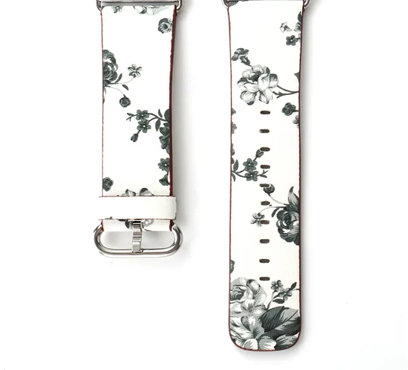 Correas de reloj de cuero con estampado floral blanco y negro para Apple Watch 40 mm 44 mm 38 mm 42 mm Diseño de flores Pulsera de reloj Fit iwatch series 6 SE 5 4 3 2 1