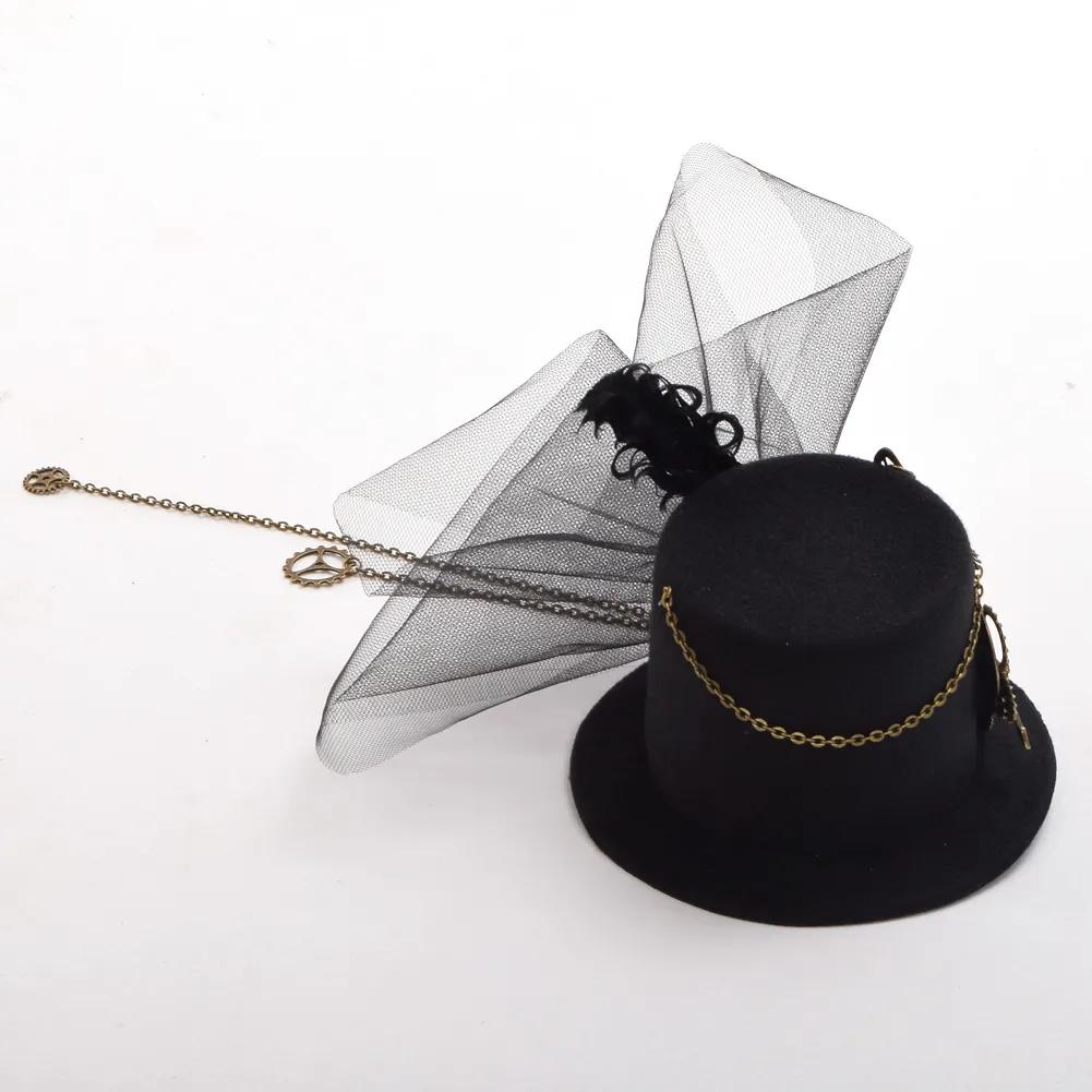 Sombrero gótico negro para mujer, engranaje Steampunk, alas, reloj, mariposa, Min, sombrero de copa, pinza para el pelo de encaje, accesorios de disfraces 8353123