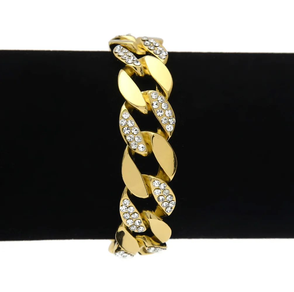 Parlak Kristal Kübik Zirkonya 18 K Altın MIAMI KÜBA BAĞLANTı Zincir Bileklik Hip Hop Bling Takı Hipster Erkek Manşet Bileklikler Bileklik Pulsera