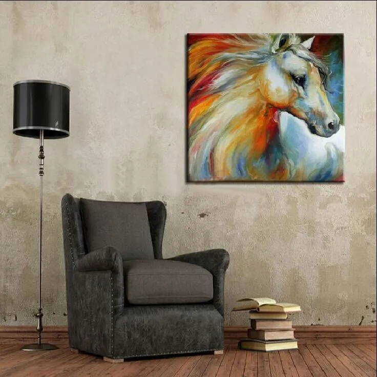 壁の装飾のために塗装された新しい手描きの馬の油絵抽象白い馬のキャンバス6971018