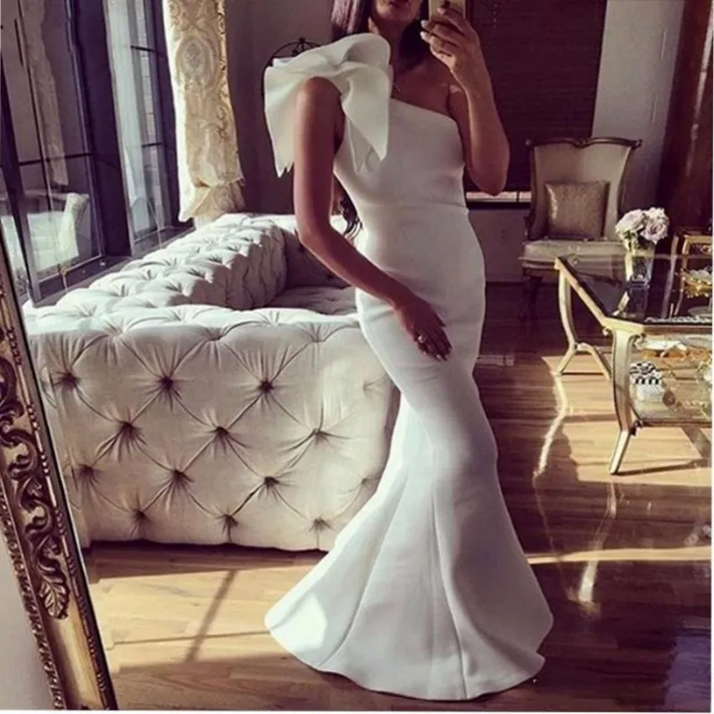 Elegant White Evening Dresses 2018 One Shoulder Satin Mermaid Prom Dresses Floor Length Cocktail Party Dress Women Cheap Formal Wear